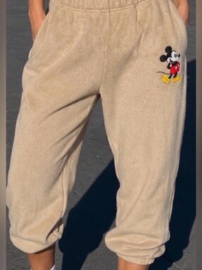 Disney Mickey Mouse Fleece Joggers Tan Beige Embroidered Women’s Size M